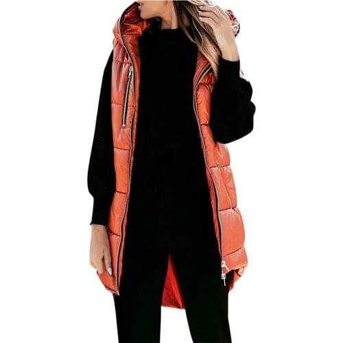 European American New Fashion Shiny Vest Women Solid Color Waistcoat Hooded Sleeveless Pocket Zipper Vests Jacket Female LR1841