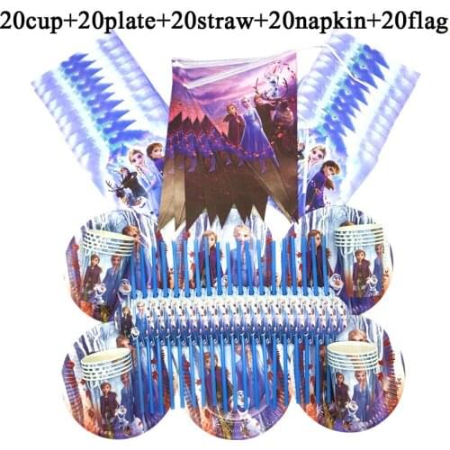 100PC Frozen 2 Theme Cup+Plate+Straw+Banner+Napkin Disposable Tableware Set For Kids Girl Happy Birthday Party Decorate Supplies