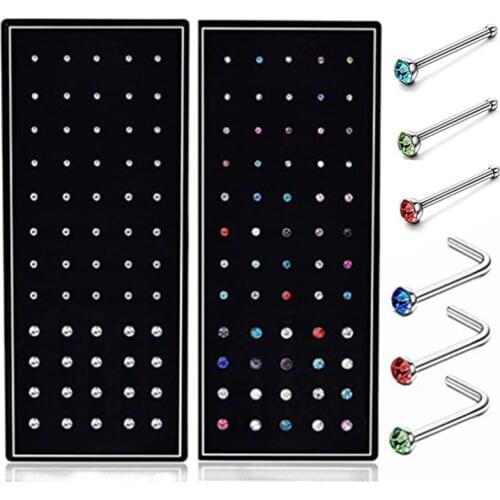 40/60 Piece/Set Stainless Steel L Shape Nose Stud Pack 20G Crystal Straight Stud Nose Ring Set Nose Stud Lot Piercing Nariz Pin
