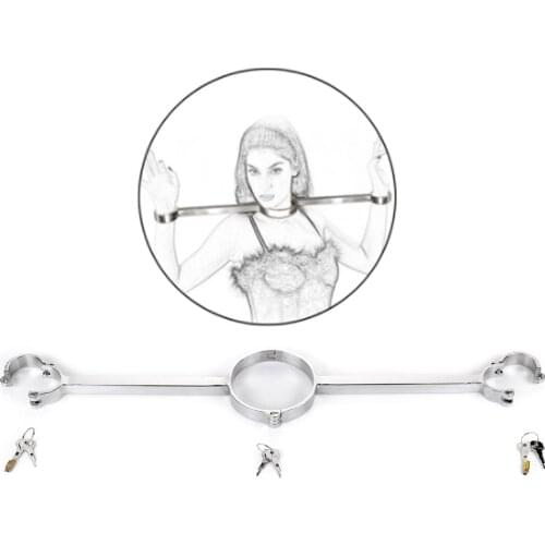 CamaTech 304 Stainless Steel Bondage Locked Neck Collar Handcuffs SM Metal Neck Ring Spreader Bar Wrist Cuffs Restraints Sex Toy