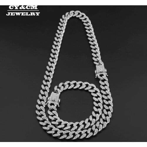 Miami Curb Cuban Chain Necklace For Mens Gold Silver Color Hip Hop Iced Out Rhinestones CZ Rapper Long Necklace Bangle Jewelry