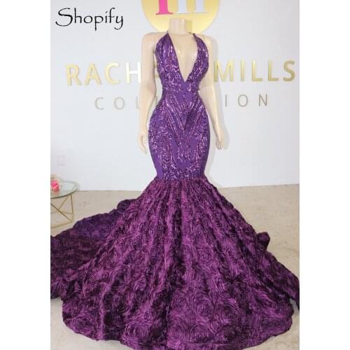 Purple Long Prom Dresses 2021 V-neck Sleeveless African Black Girls Purple Sequin Flowers Mermaid Prom Gala Gowns