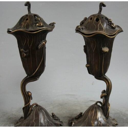 Collectible bronze S1918 Chinese Dynasty palace Bronze lotus flower leaf Incense Burner Censer Pair