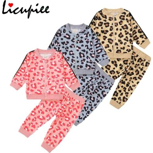 Licupiee Fashion Cute Baby Boys Girls Clothes Long Sleeved Leopard Print Zipper Tops+leggings Pants Toddler Girls 1-6 Years