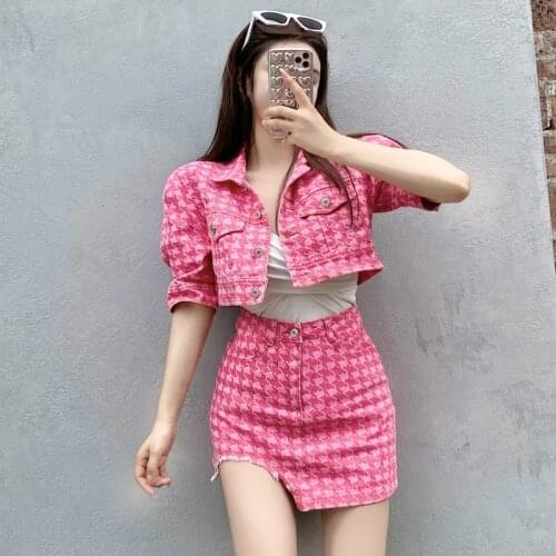 Houndstooth Jacket and Skirts Women Summer Fashion Ripped Irregular Short Mini Skirts Female Single-Breasted Denim Jacket Coat