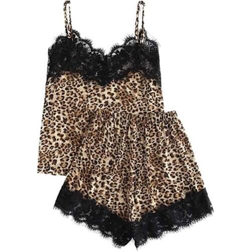 Women Sleep Lounge Pajama Set Sleepwear Summer Pyjama Femme Cute Lace Leopard Print V-Neck Underwear And Shorts Pajama Set Hot N