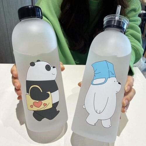 Large Capacity 1000ml Plastic Water Bottles Cute Bear Pattern PWater Bottle Frosted Leak-proof Drinkware Gift Water Cup 2 Lids