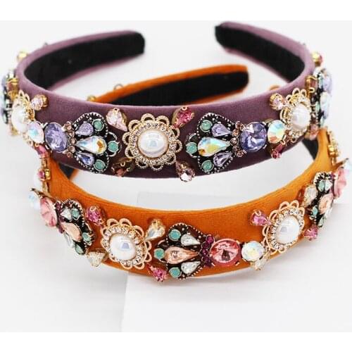 Baroque Multi-Color Gem Flower Colored Pearl Headband with Rhinestones Fashion Vintage Hair Headbands Jeweled Granules Head Wrap