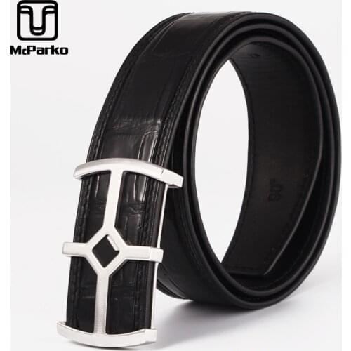 McParko Elegant Men Suit Belt Crocodile Genuine Leather Belt Men Black Luxury Waist Belt For Male Stainless Steel Cross Buckle