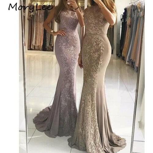 Luxury Lace Evening Dresses Halter Sleeveless Lace Applique Silk Satin Mermaid Evening Dresses vestidos de fiesta de noche
