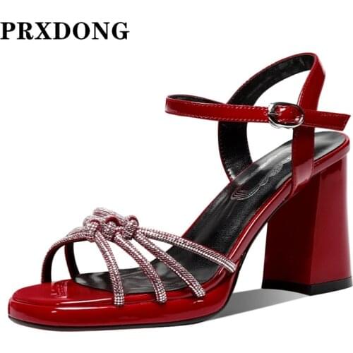 Women‘s Sandals New 2021 Summer Genuine Leather Thick Heel Black Red Crystal Dress Party Wedding Shoes Woman Gladiator Sandals