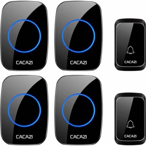 CACAZI Intelligent Waterproof Wireless Doorbell LED Light Home Cordless 58 Chimes Door Bell US EU UK Plug 2 Button 4 Receivers