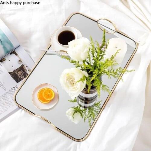 Golden Edge Mirror Tray Binaural Decorative Tray Jewelry Cosmetic Storage Exhibition Hall Dessert Snack Fruite Display Stand