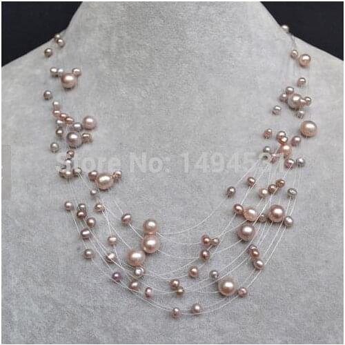 Wholesale Pearl Jewelry , Lavender Multistrand Genuine Freshwater Pearl Necklace - Illusion Necklace - Bridesmaids Jewelry
