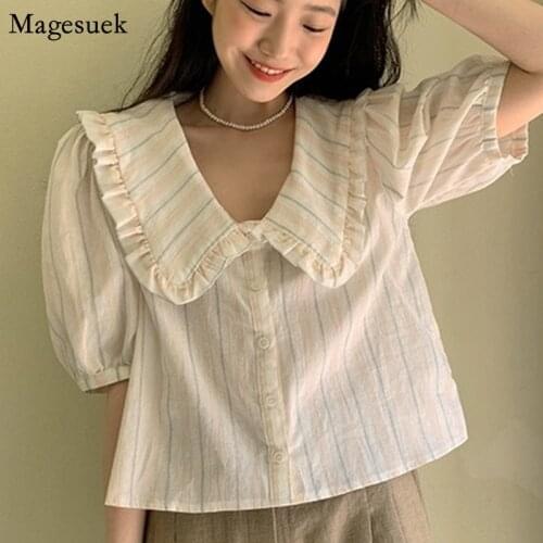 Korean Chic Summer Stripe Blouse Women 2021 New Loose Puff Short Sleeve Shirt Tops Women Single-breasted Ruffles Shirts 15242