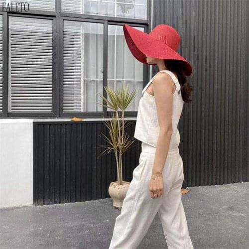 Faleto Women Wide Brim Sun Hat Floppy Derby Hat Straw Beach UV Protection Foldable Sun Shade Hat Fashion Solid Sun Caps