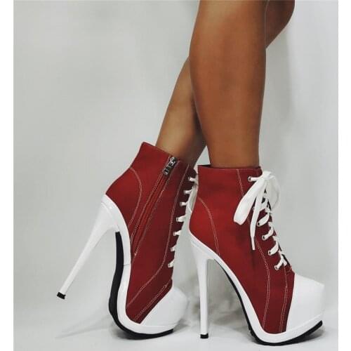 Real photo high quality woman contrast color platform lace up high heel ankle boots platform high heel woman lace up short boots