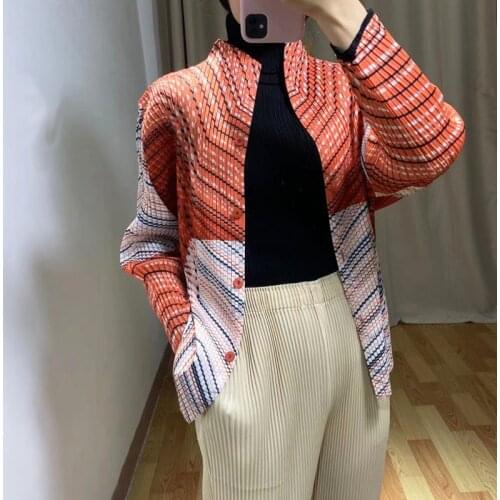 Spring stripe print womens coat Pleated Coats Raglan Sleeve Single-Breasted Stand Collar Cardigan jacket Miyak Fold Tied 568978