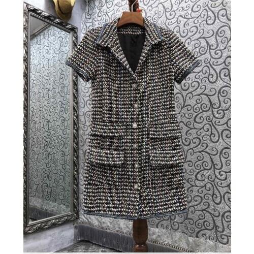New 2021 Autumn Winter Tweed Wool Dress High Quality Women Turn-down Collar Pocket Patchwork Short Sleeve Casual Vintage Dress