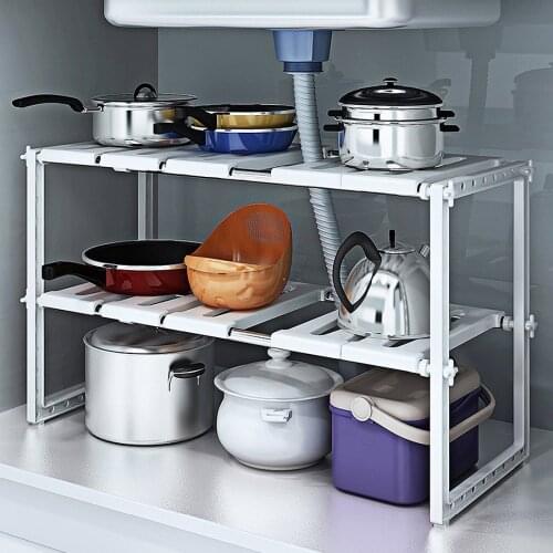 2 Tiers Expandable Kitchen Storage Multi-Functional Rack Adjustable Stainless Steel Under Sink Organizer Storage Shelf Cabinet
