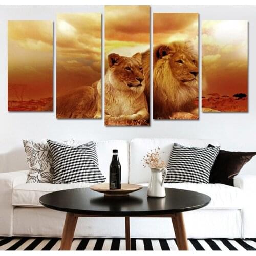 5 Pieces Hunting Lion Split Wall Art Poster Painting Animal Picture Print At Sunset Bedroom Living Room Home Decor Without Frame