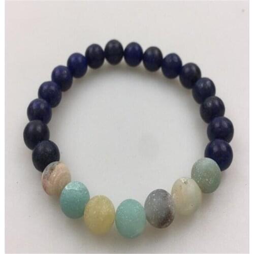 8mm Amazonite Lapis Lazuli Gemstone Mala Bracelet 7.5 inches Reiki Unisex Sutra Stretchy Handmade Energy Cuff Gemstone Pray