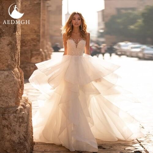 Aedmgh Ball Gown Ruffles Wedding Dresses 2021 Sweetheart Sleeveless Vestido De Novia Beaded Appliques Crystal Tulle Bridal Gown