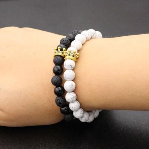 8mm Natural Stone Beads Bracelets Men Stainless Steel Crown Bracelet Set Women Stretch Jewelry Couple Lover Gifts