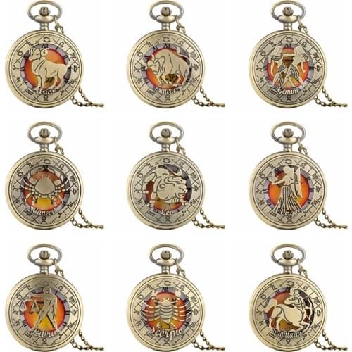 Retro Zodiac Pattern Pocket Watch Modern Necklace Chain Copper Twelve Constellation Pendant Birthday Clock Gifts for Men Women