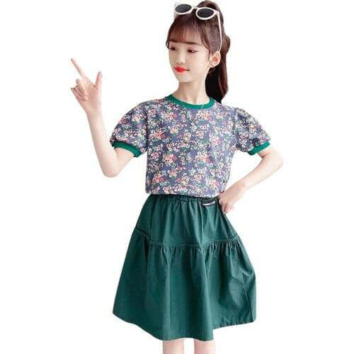 Kids Clothes Girls Floral Tshirt + Skirt Childrens Clothes For Girls Summer Outfits For Girls Casual Kids Tracksuit