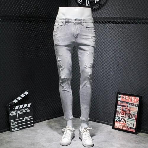Summer Mens Jeans Fashion Hole Ripped Slim Fit Elastic Ankle Length Trousers Vintage Grey Denim Pants High Street Pencil Pants