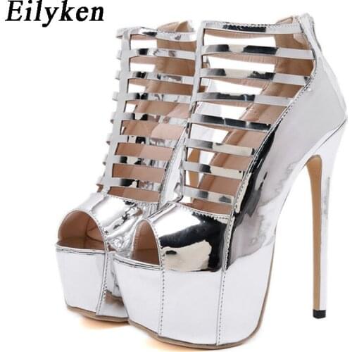 Eilyken Silver Nightclub Platform Pumps shoes Peep toe Extreme High heels Sexy Shoes Stilettos shoes For Women Size 35-40
