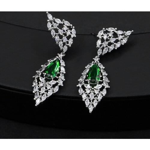 Elegant Chandelier AAA+ Cubic Zirconia Long Big feather Crystal Bridal Dangle Drop Earring for Wedding Jewelry