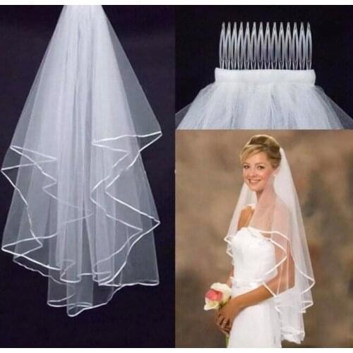 Tulle White Ivory Two Layers Bridal Veils Ribbon Edge Cheap Bride Accessories 75cm Short Women Veil With Comb