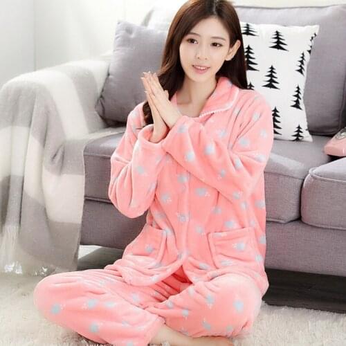 H5775 Coral Fleece Flannel Pajamas Lady Autumn Winter Warm Thickened Home Clothes Suit Women Lovely Long Sleeve Soft Sleepwear