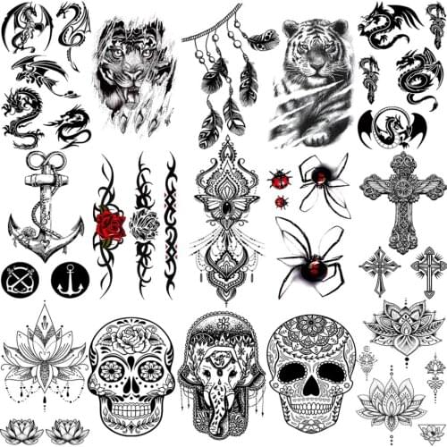 3D Henna Temporary Tattoos For Women Girls Neck Arm Cross Anchor Tiger Skull Elephant Dragon Tribal Fake Tattoo Small Tatoo