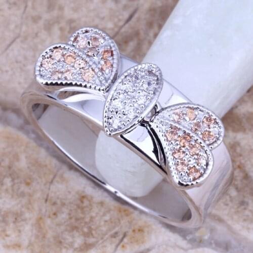 Jitter Champagne Morganite White CZ Silver Plated Butterfly Ring Size 6 / 7 / 8 / 9 E547