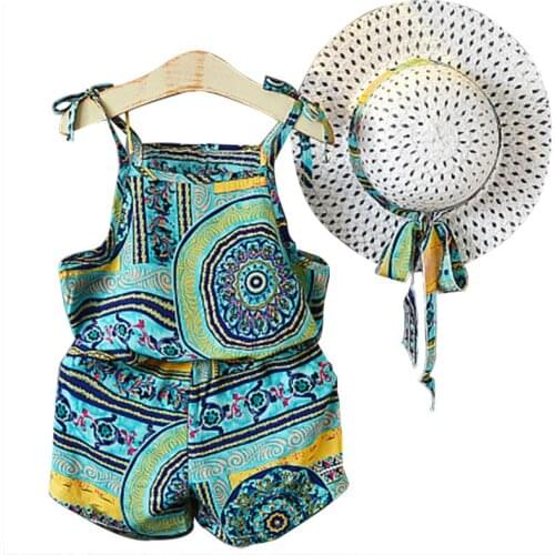 Nerlero Girls Clothing Sets Summer Ethnic Style Holiday Kids Suits Casual Printed Vest + Shorts Suit with Hat Girls Costume