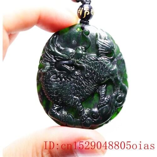 Black Green Jade Dragon Pendant Chinese Carved Natural Gifts Necklace Amulet Fashion Jewellery Charm