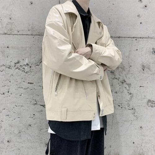 Black/Green/Beige Leather Jacket Mens Fashion Casual Motorcycle Jackets Mens Streetwear Autumn Loose Hip-hop Bomber Jacket Men