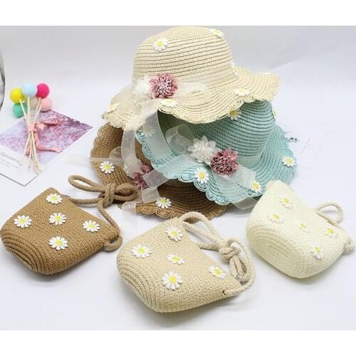 Summer Children Beach Hats Bags Set Wide Brim Straw Hat Fedoras Holiday Travel Boys Girls Outdoor Visors Hat Flowers Ribbon Bow