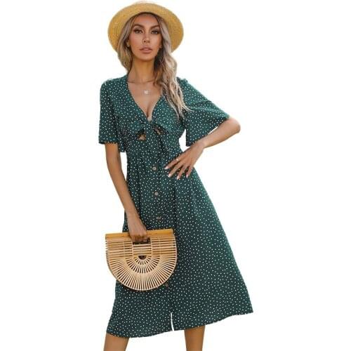 Summer Female clothing short sleeve dress midi dress Polka dot v-neck hollow lotus leaf sleeve bow dresses for women casual