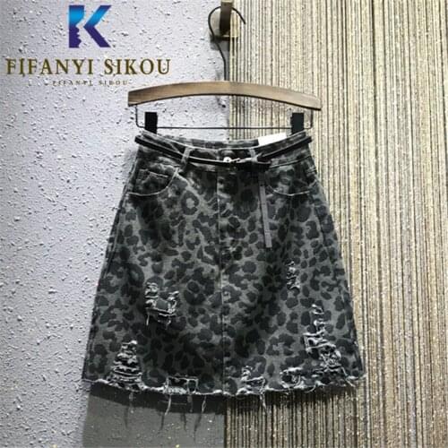2020 Autumn Women High Waist Denim Skirt Fashion Leopard Print Ripped Denim Mini Skirt Female Loose Washed A-Line Jeans Skirts