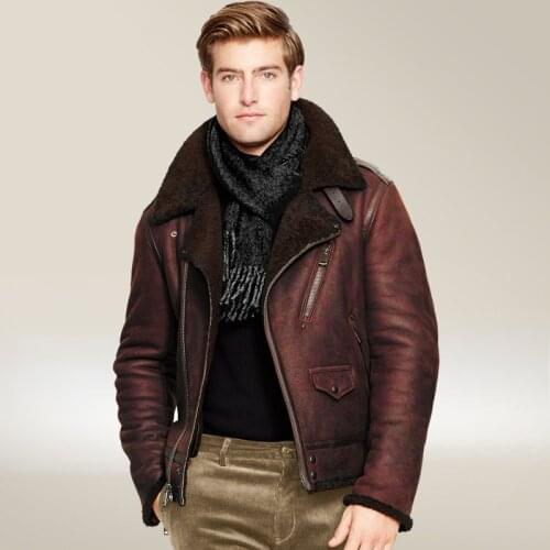 Man B3 Bomber Jacket Shearling Sheepskin Leather Fur Coat Male Moto Biker Flight winter jacket men chaqueta militar hombre