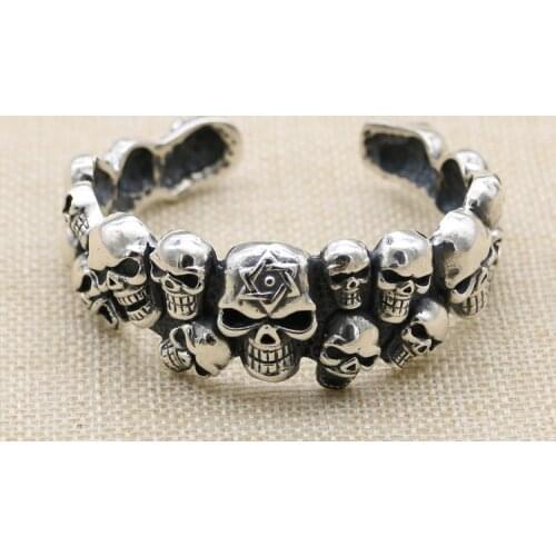 Solid 925 Sterling Silver skull vintage Men Retro punk hiphop Cuff Bangle Bracelet jewelry A5198