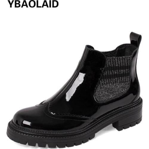 New Glossy Patent Leather Shiny Elastic Surface Medium Thick Heel Chelsea Boots British Style Thick-soled Martin Boots