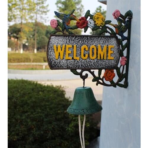 Hand Paint Color Cast Iron Wall Welcome Plaques Bell Home Garden Antique Green Hummingbird Branch Flower Hand Cranking Door Bell