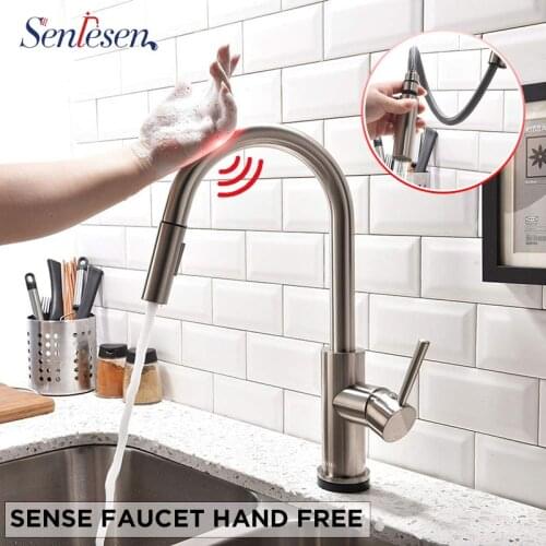 Senlesen Assistive Touch Kitchen Sense Faucets Nickel Stainless Steel W/ Pull Down Sprayer Single Handle Kitchen Sink Faucets