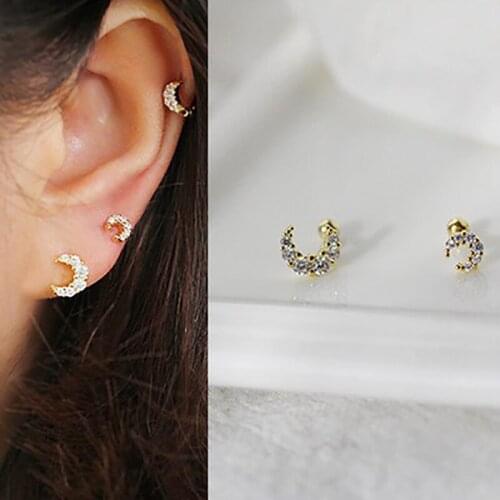 NEW 925 sterling silver earring simple small big moon lightning zircon screw stud earring cute sweet ear bone female ear jewelry
