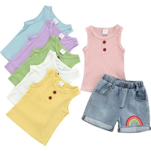 FOCUSNORM 6 Colors Summer Lovely Kids Girls Clothes Sets Sleeveless Solid Vest Tops Rainbow Printed Denim Shorts 2pcs